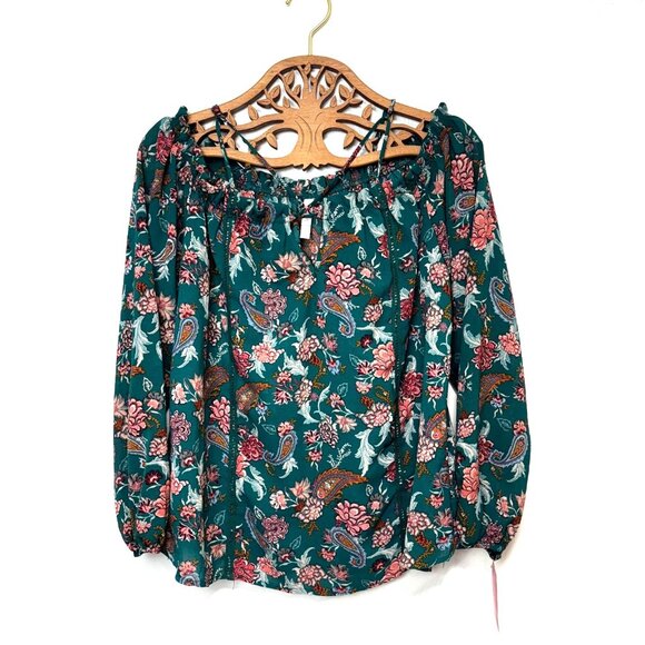 New Blouse Floral Green Xhilaration Peasant Style Boho Colorful Sheer Womens XS - Picture 1 of 7